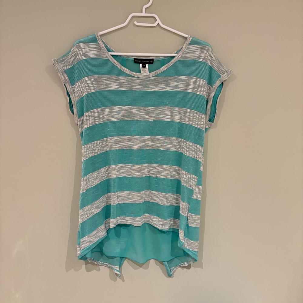 Teal and Gray Striped Women's Short Sleeve Top